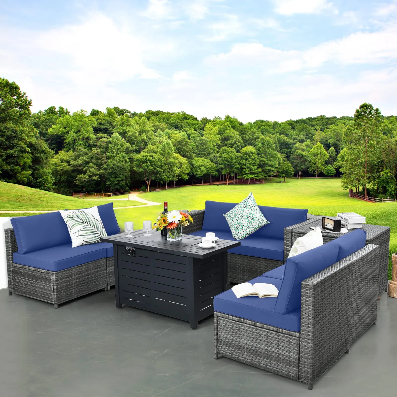 Tangkula 9 Pieces Patio Rattan Furniture Set, Patiojoy Sectional Sofa Set w/Storage Box, Coffee Table, Outdoor Wicker Conversation Set