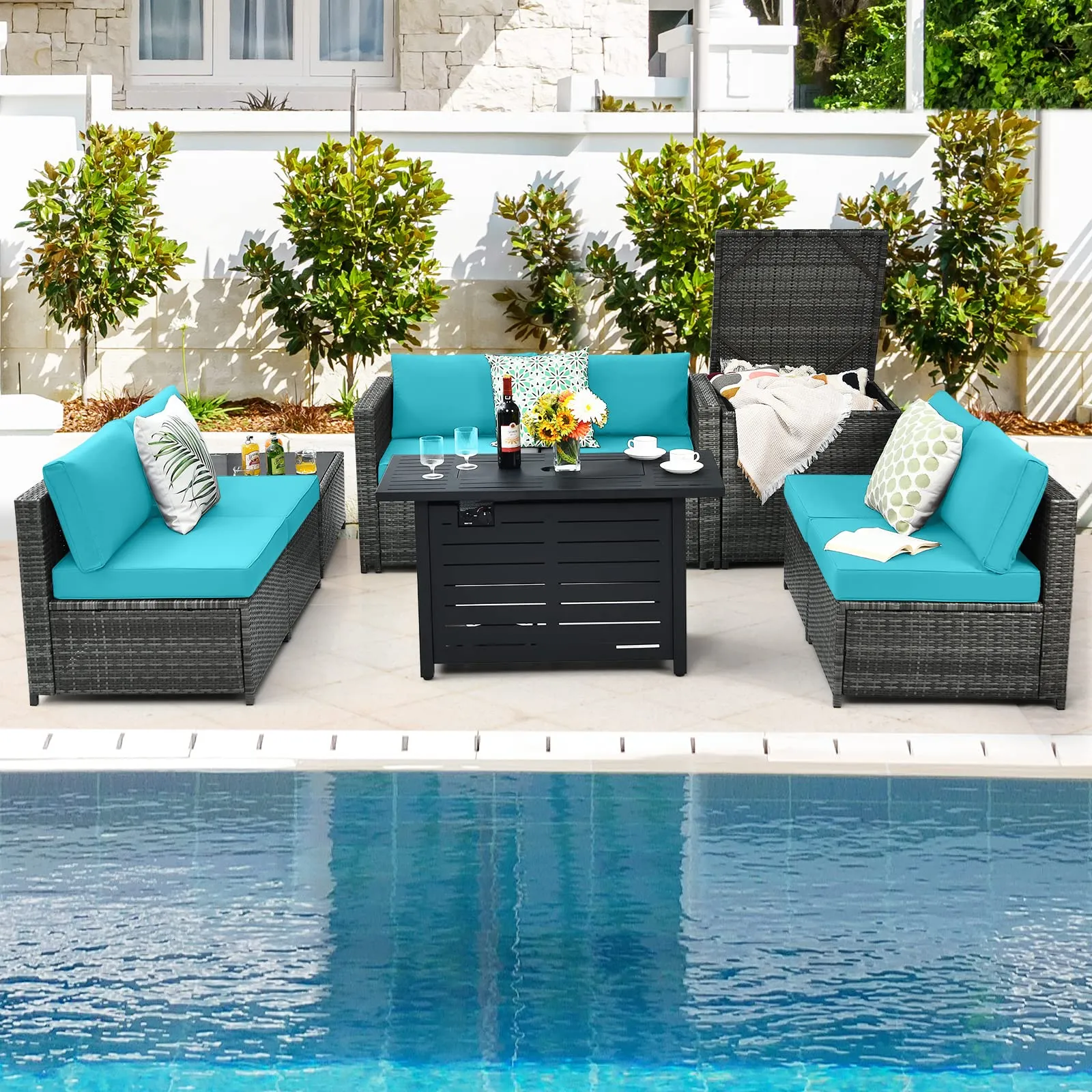 Tangkula 9 Pieces Patio Rattan Furniture Set, Patiojoy Sectional Sofa Set w/Storage Box, Coffee Table, Outdoor Wicker Conversation Set