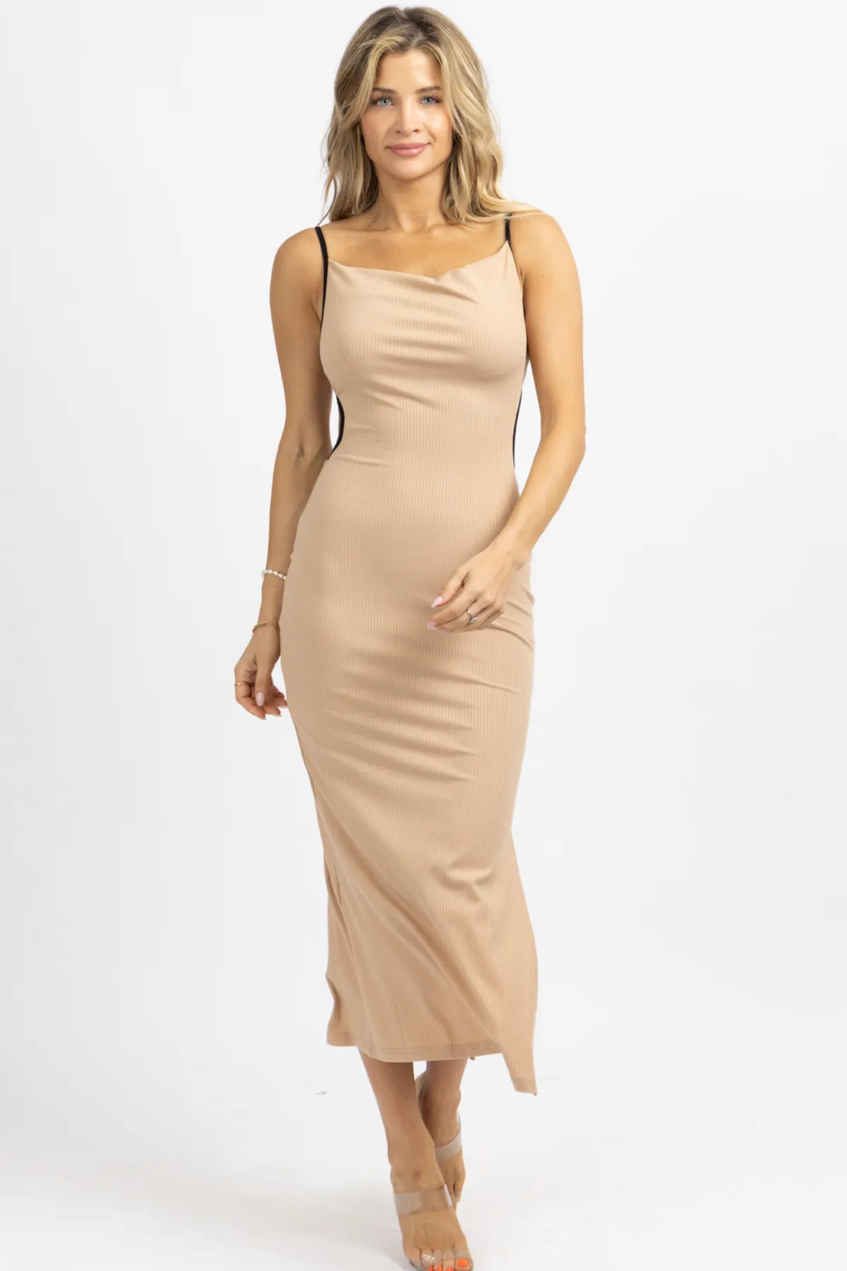 TAUPE   BLACK CONTRAST RIBBED MIDI DRESS