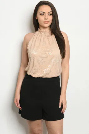 Taupe Lace Overlay Plus Size Romper