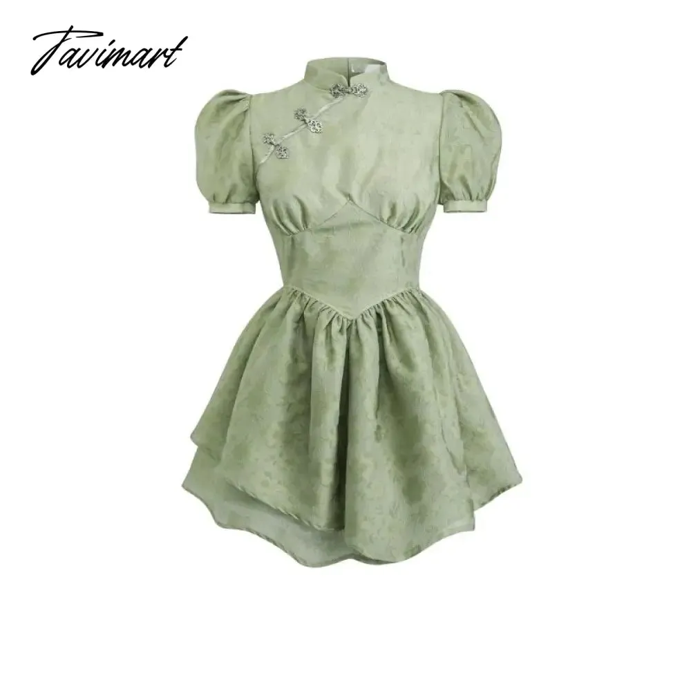 Tavimart Ruffles Pleated Green Dress Puff Sleeve Vintage Harajuku Cheongsam Dresses Women Party Elegant A-Line Sweet Prepply Cute Vestido