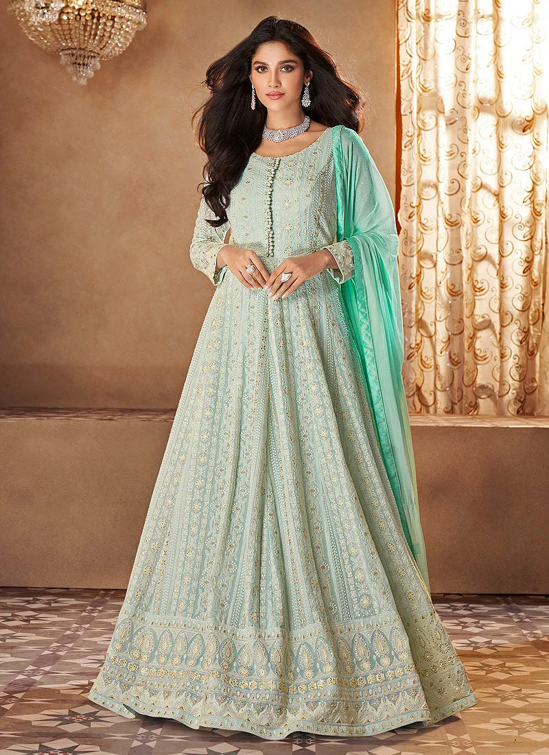 Teal Blue Lucknowi Embroidered Designer Anarkali Suit