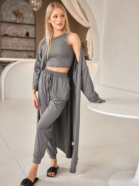 TEEK - Cropped Tank Top Pants Cardigan 3-Piece Set