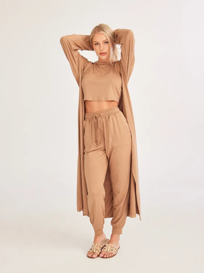 TEEK - Cropped Tank Top Pants Cardigan 3-Piece Set