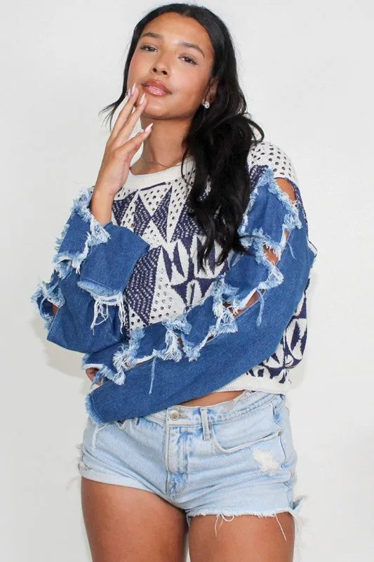 TEEK - DENIM PRINT STAR KNIT CONTRAST TOP