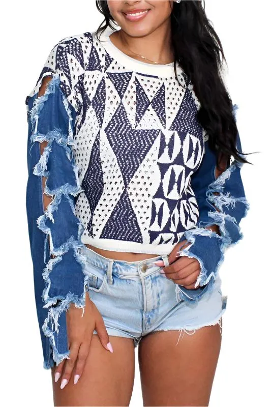 TEEK - DENIM PRINT STAR KNIT CONTRAST TOP