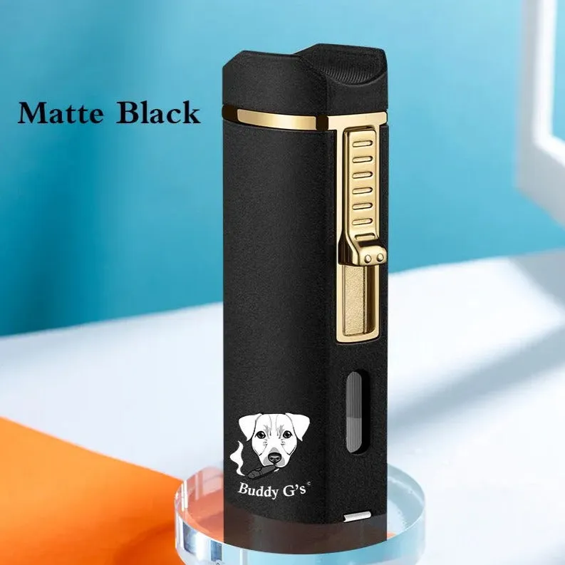 Triple Burner Refillable Butane Jet Torch Lighter - Windproof Lighter - Cigar Holder on Top - Built-in Cigar Punch and fuel level window