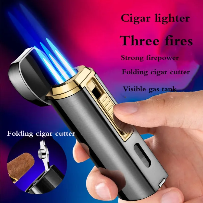 Triple Burner Refillable Butane Jet Torch Lighter - Windproof Lighter - Cigar Holder on Top - Built-in Cigar Punch and fuel level window