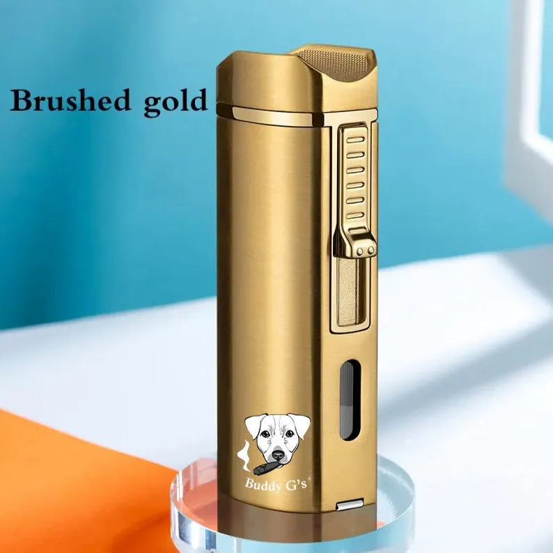 Triple Burner Refillable Butane Jet Torch Lighter - Windproof Lighter - Cigar Holder on Top - Built-in Cigar Punch and fuel level window