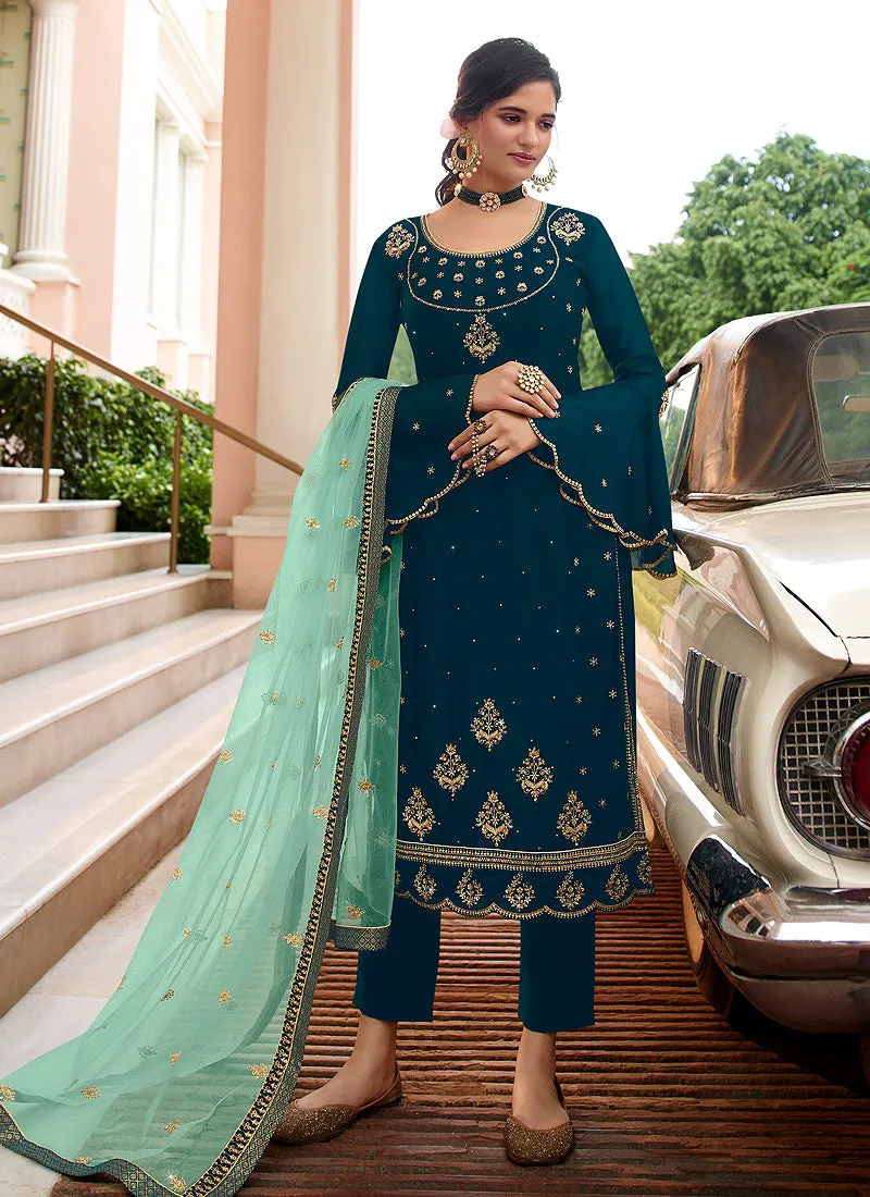 Turquoise Embroidered Sharara Suit