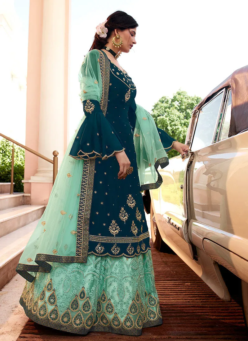 Turquoise Embroidered Sharara Suit