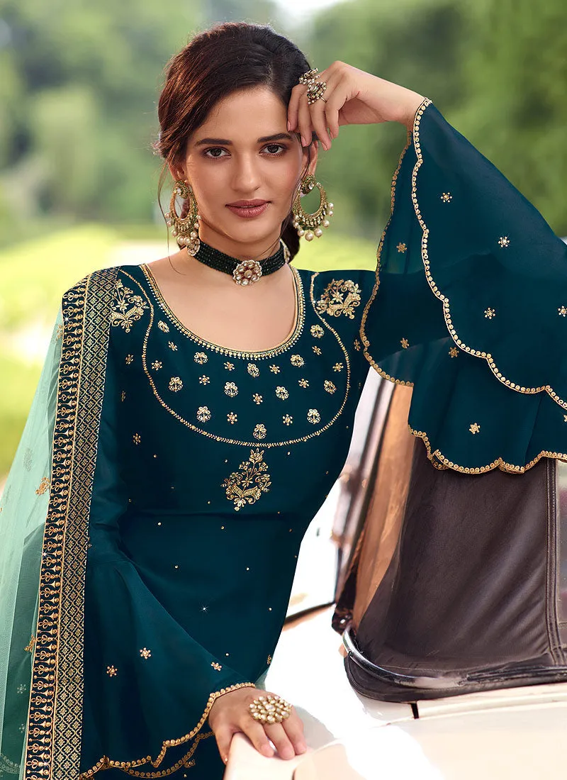 Turquoise Embroidered Sharara Suit