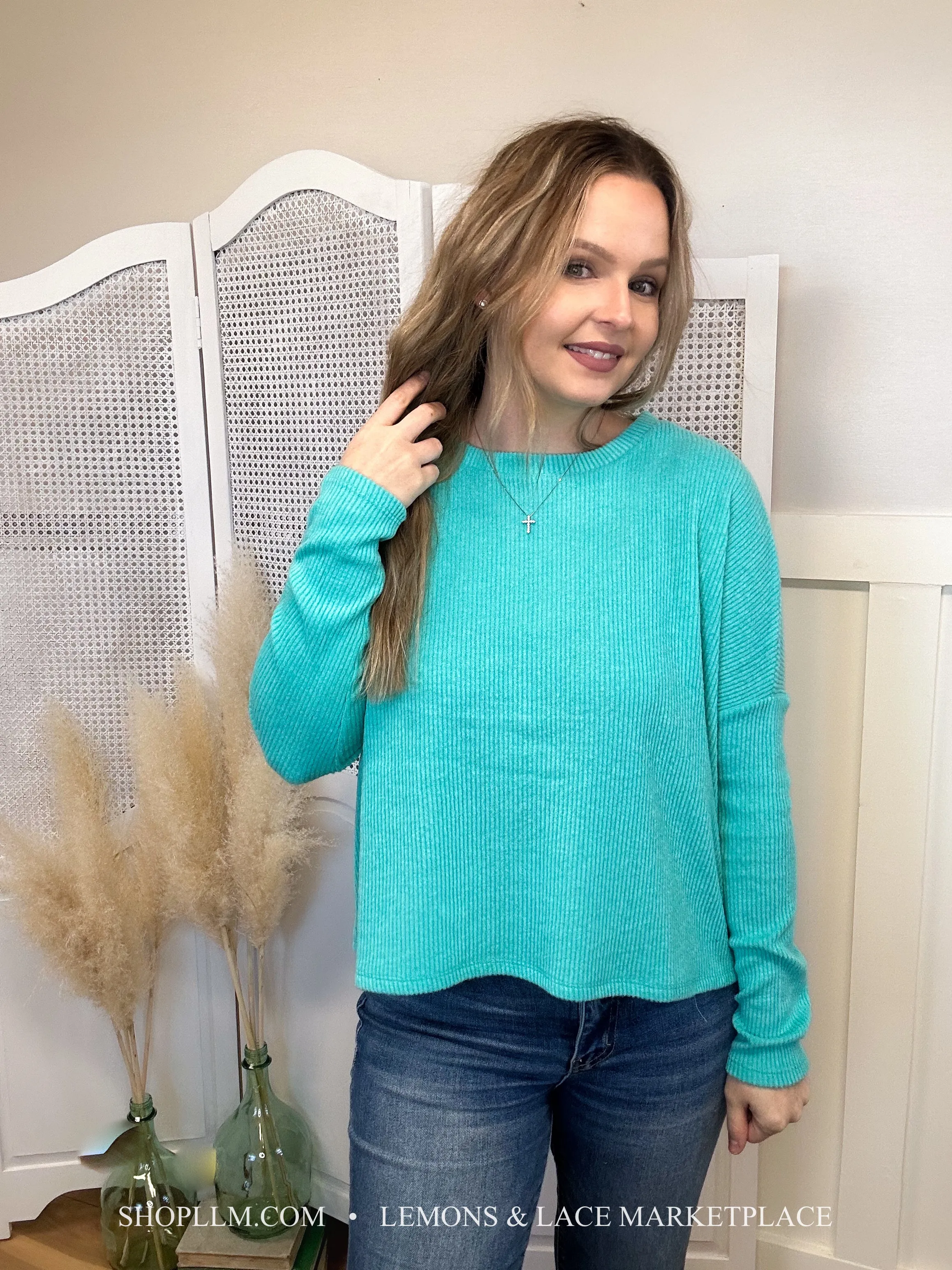 Turquoise Ribbed Dolman Sweater