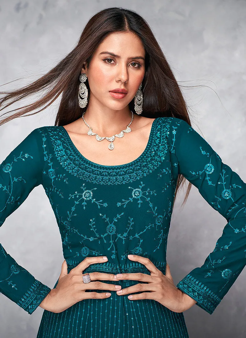 Turquoise Thread And Sequence Embroidered Anarkali Suit