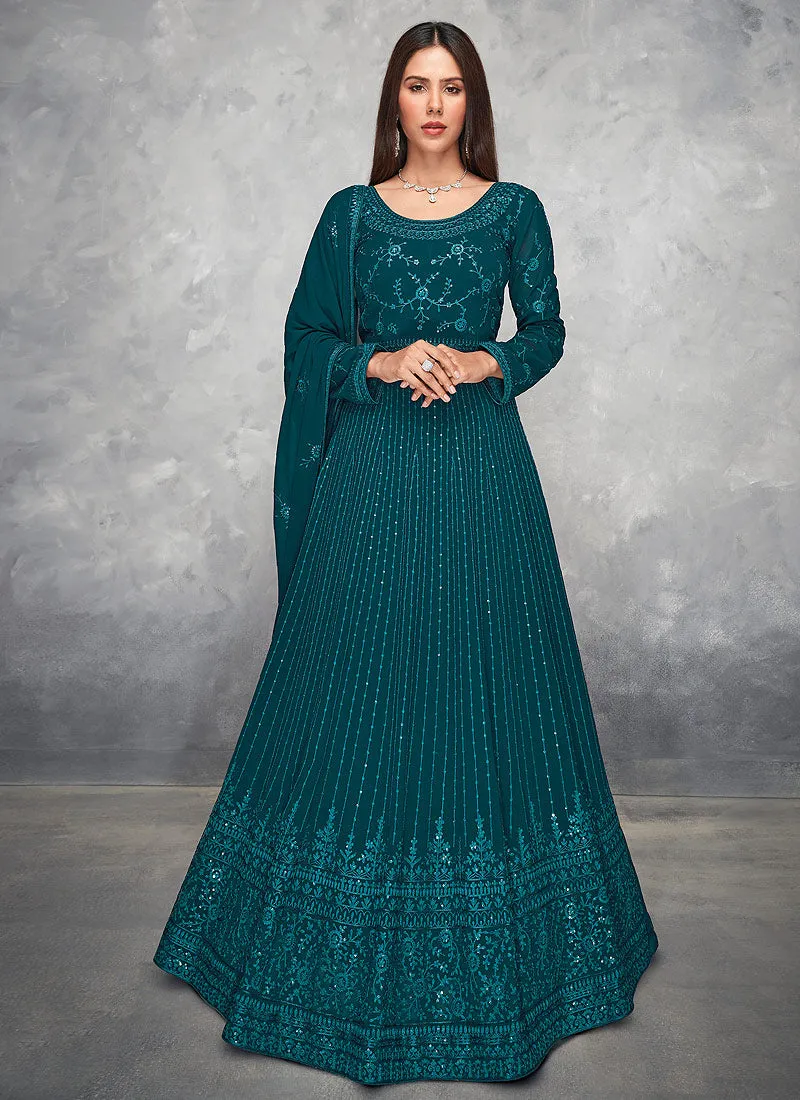 Turquoise Thread And Sequence Embroidered Anarkali Suit