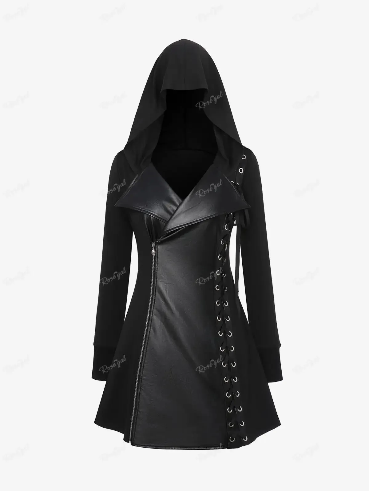 Uniwim ROSEGAL Plus Size Gothic PU Panel Hooded Coats Black Slim Outwear Turn-down Collar Lace Up Braided Grommet Side Zip Jacket Coat