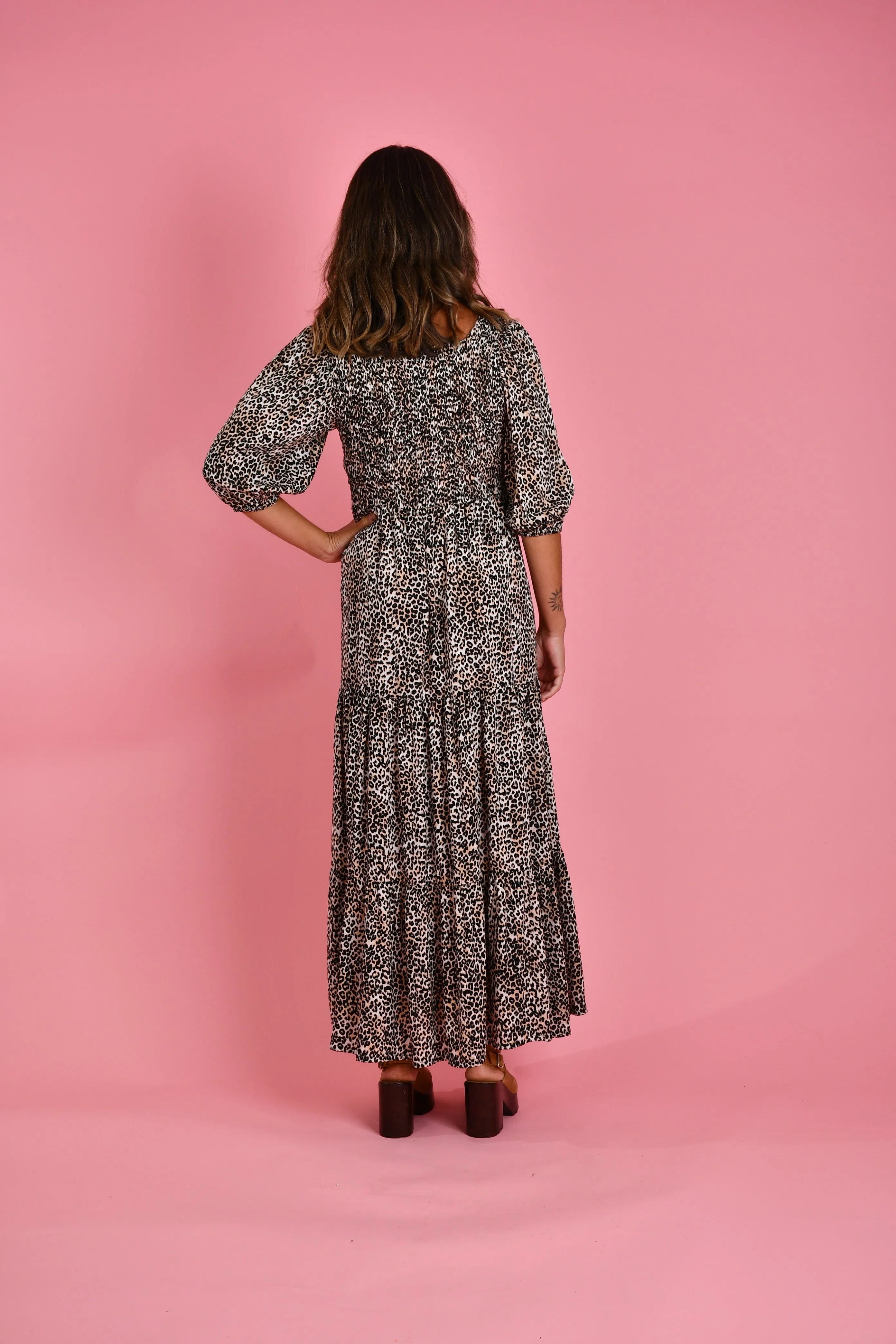 VGLD145 - MONTAUK 3/4 SLEEVE MAXI DRESS - CHEETAH TAN