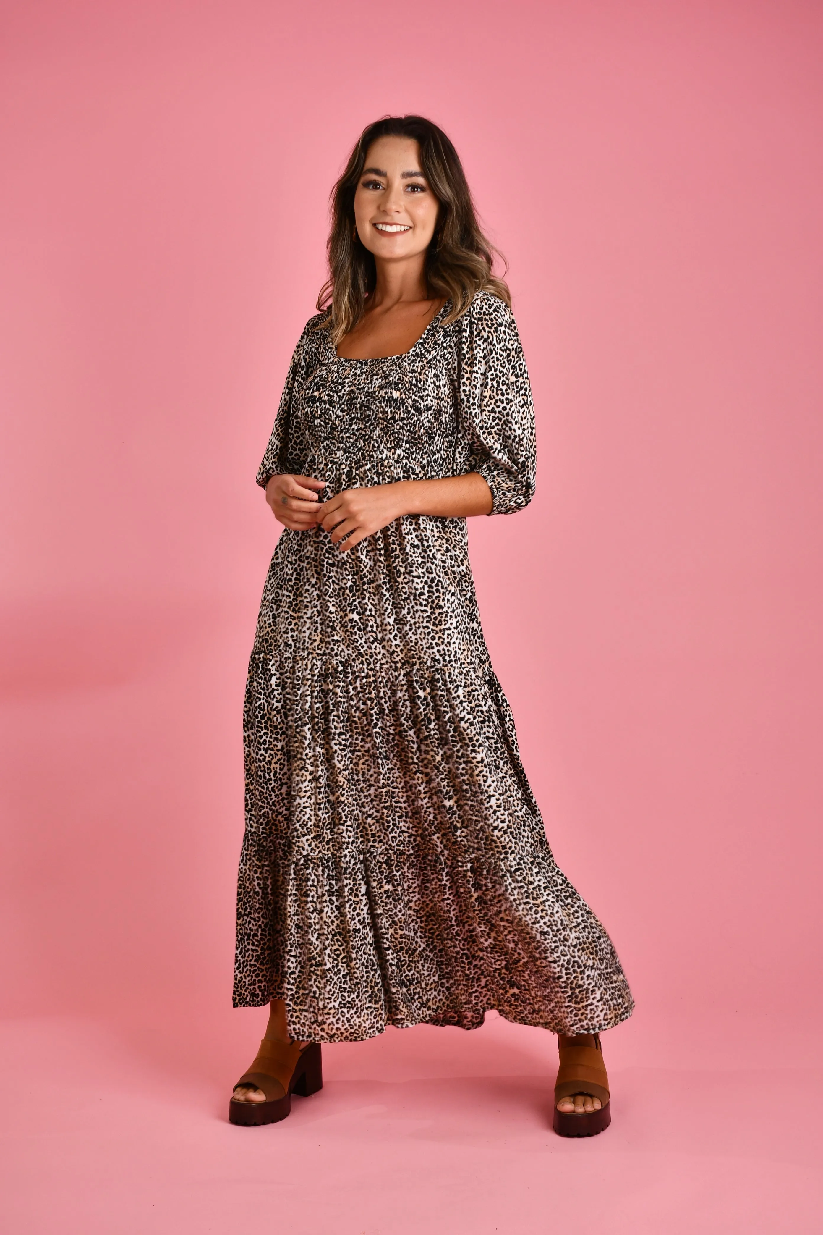 VGLD145 - MONTAUK 3/4 SLEEVE MAXI DRESS - CHEETAH TAN