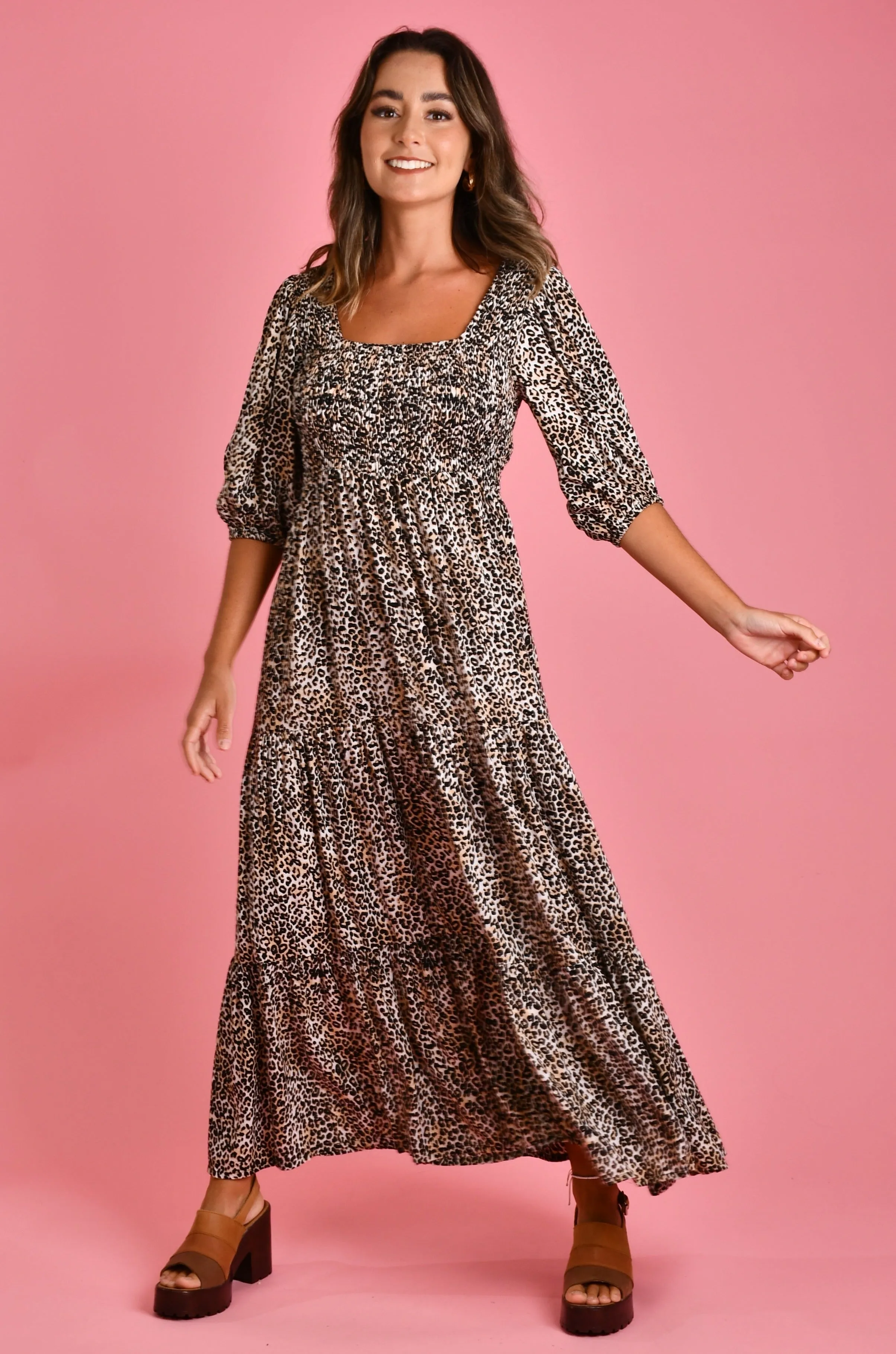 VGLD146 - MADDISON LONG SLEEVE MAXI DRESS - CHEETAH TAN