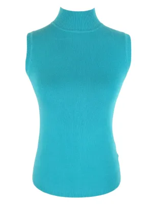 Vintage 90s Y2K Minimalist Wool Blend Basic Solid Blue High Mockneck Sleeveless Knit Tank Top Blouse | Size S