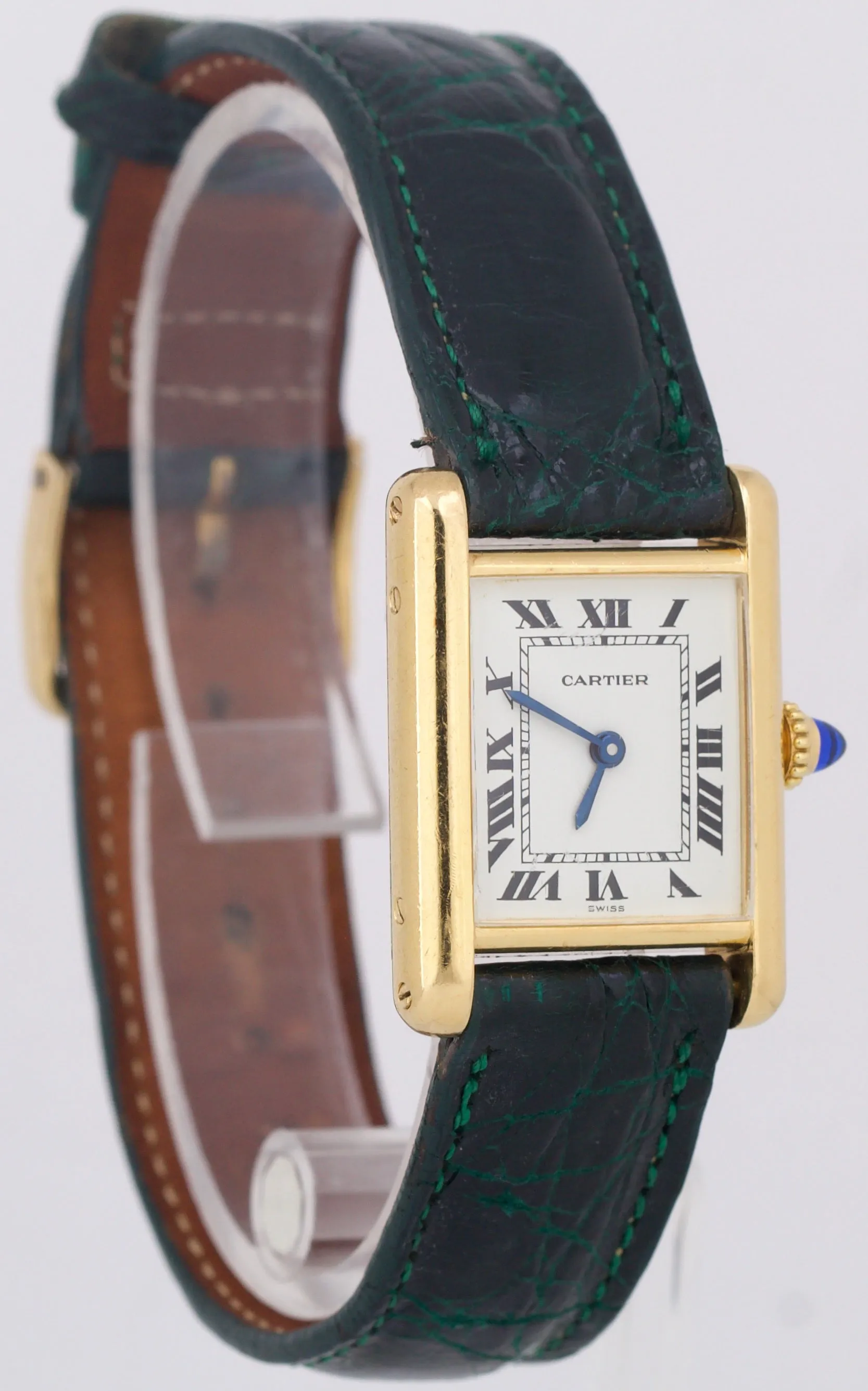 VINTAGE Ladies Cartier Tank Louis 18k Gold Green Leather 78087 21mm Manual Watch