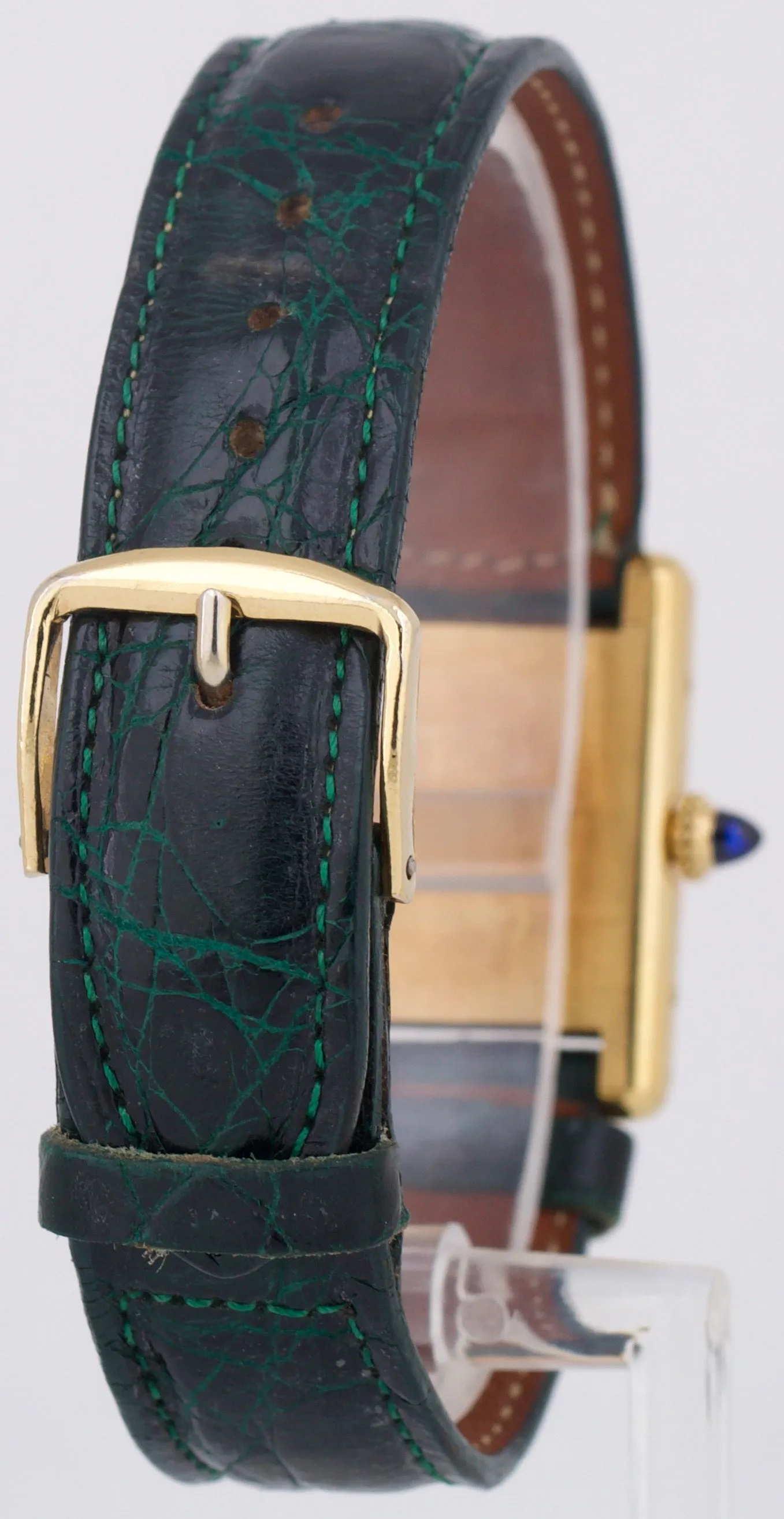 VINTAGE Ladies Cartier Tank Louis 18k Gold Green Leather 78087 21mm Manual Watch