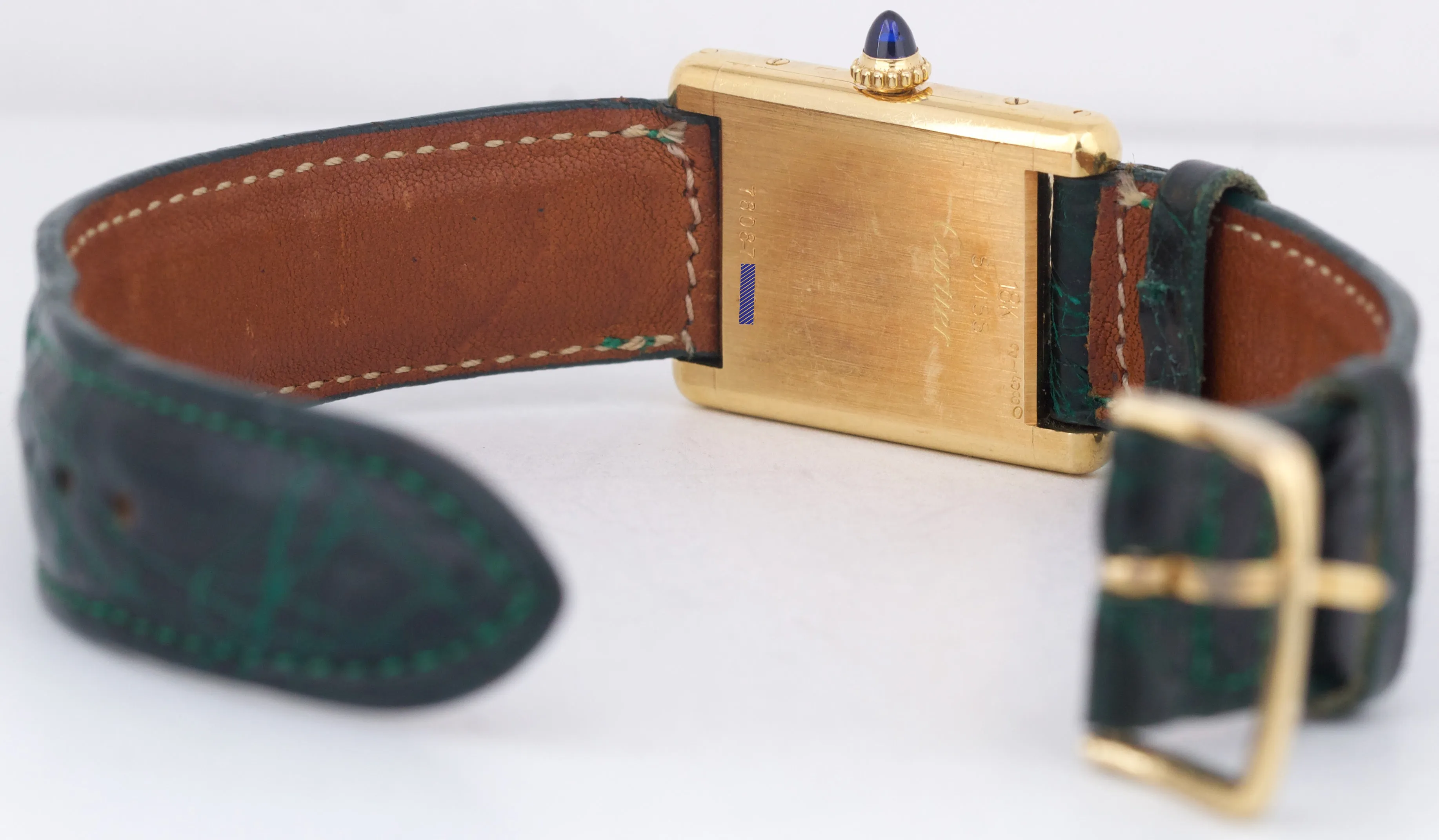 VINTAGE Ladies Cartier Tank Louis 18k Gold Green Leather 78087 21mm Manual Watch