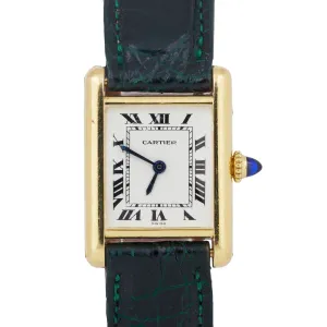 VINTAGE Ladies Cartier Tank Louis 18k Gold Green Leather 78087 21mm Manual Watch