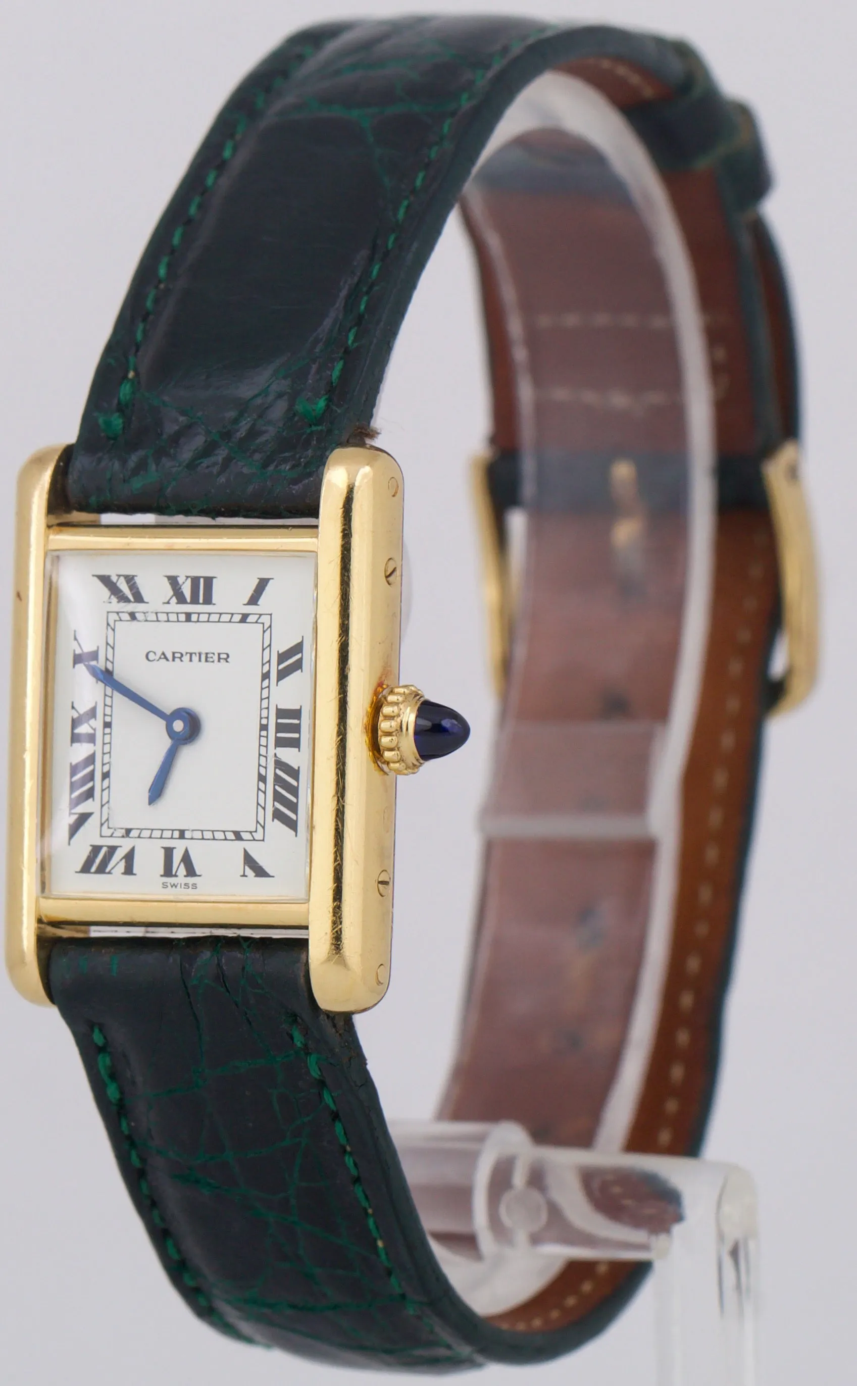 VINTAGE Ladies Cartier Tank Louis 18k Gold Green Leather 78087 21mm Manual Watch