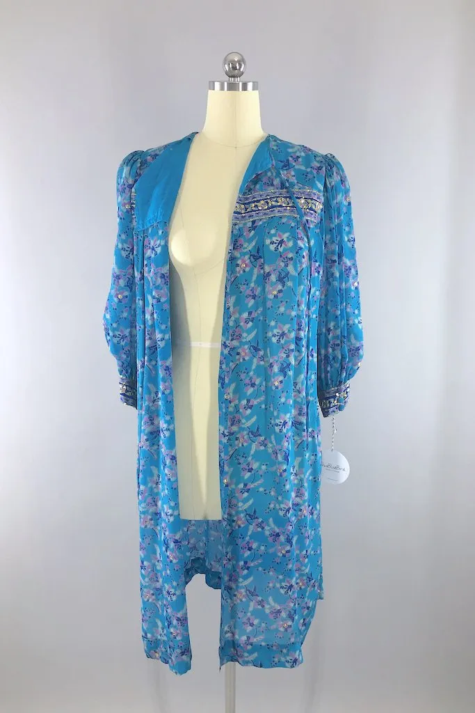 Vintage Turquoise Sequined Sari Robe