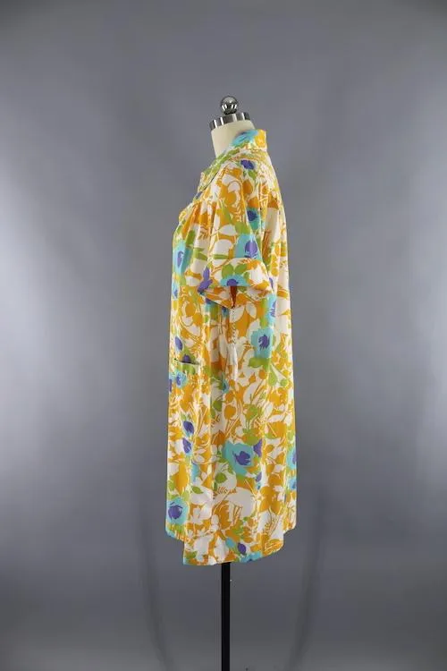 Vintage Yellow Floral Print House Dress