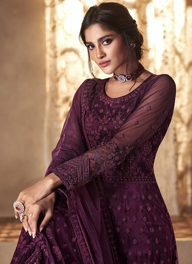 Wine Purple Embroidered Flared Anarkali Suit