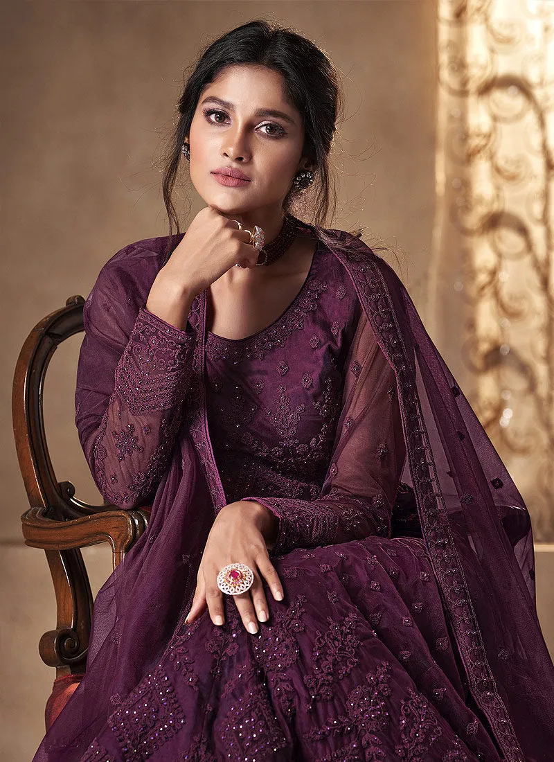 Wine Purple Embroidered Flared Anarkali Suit