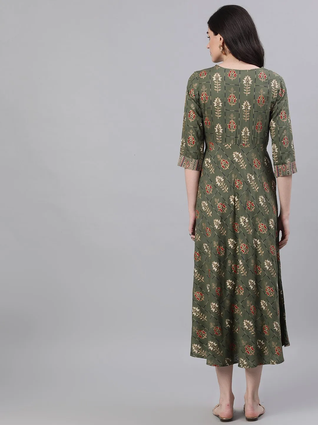 Women Green Geometric Printed Round Neck Cotton Maxi Dress