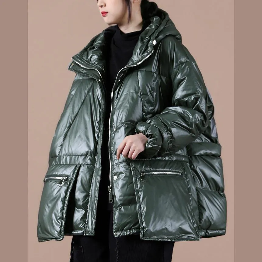 women oversize winter jacket coats blackish green hooded zippered down coat