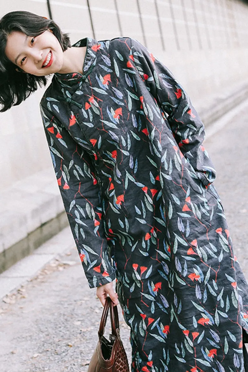 Women Winter Vintage Printed Linen Dress