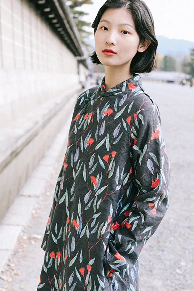 Women Winter Vintage Printed Linen Dress