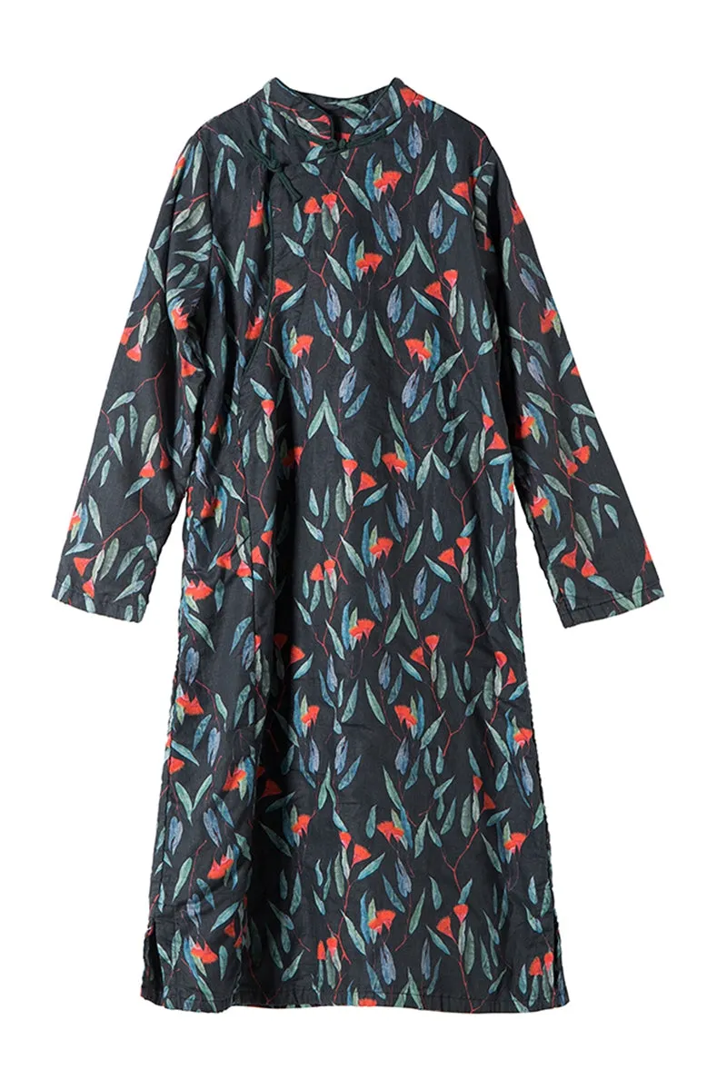 Women Winter Vintage Printed Linen Dress