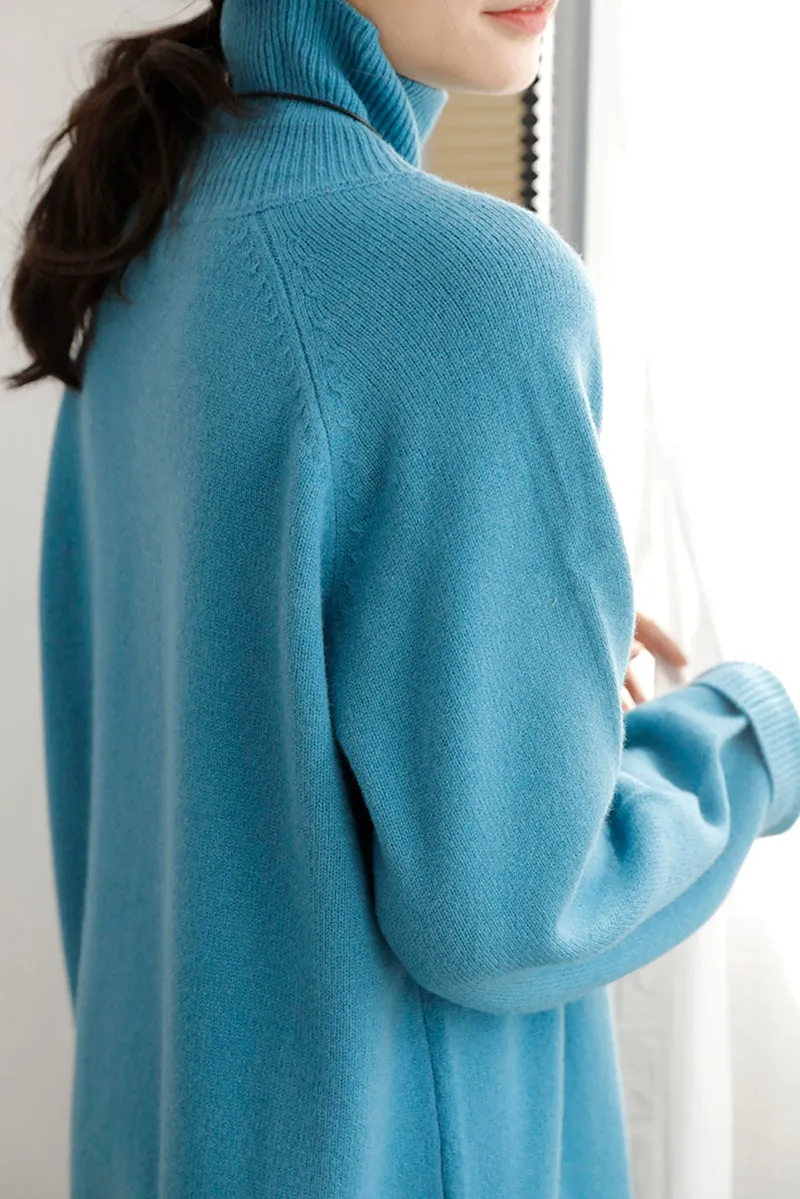 Women's Casual Blue Turtleneck Wool Sweater