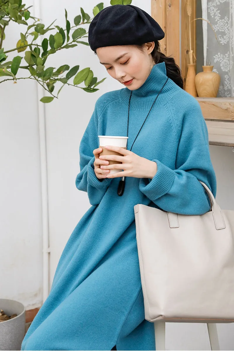 Women's Casual Blue Turtleneck Wool Sweater