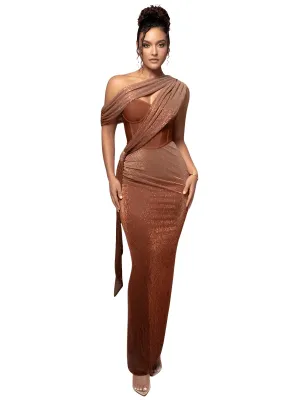 Women's Sexy One Shoulder Corset Draped Long Dress Glitter Sparkly Backless Bodycon Evening Maxi Party Gowns