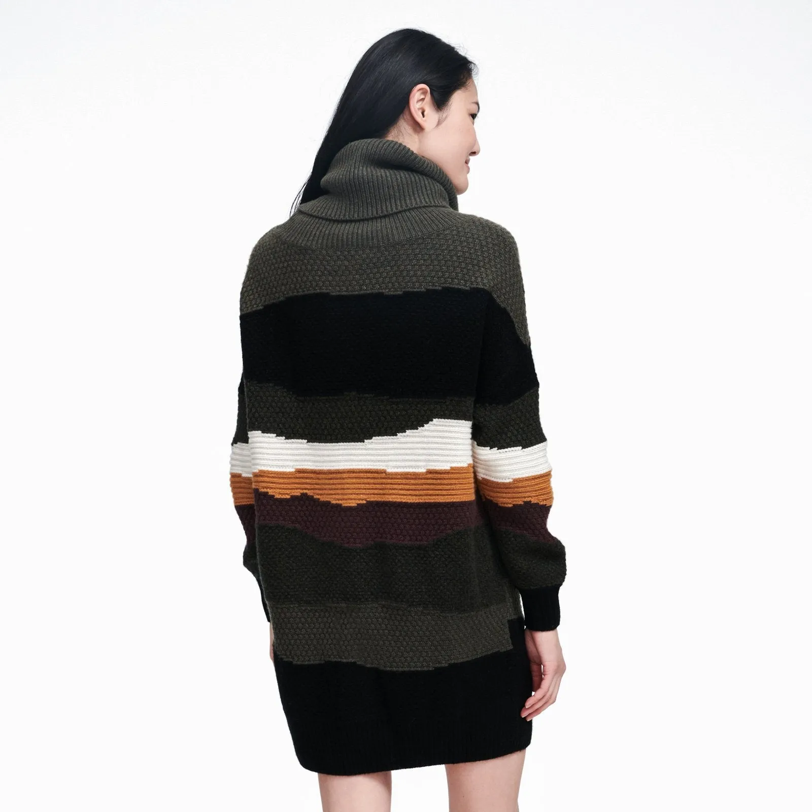 Wool Cashmere Color Block Turtleneck Sweater Dress