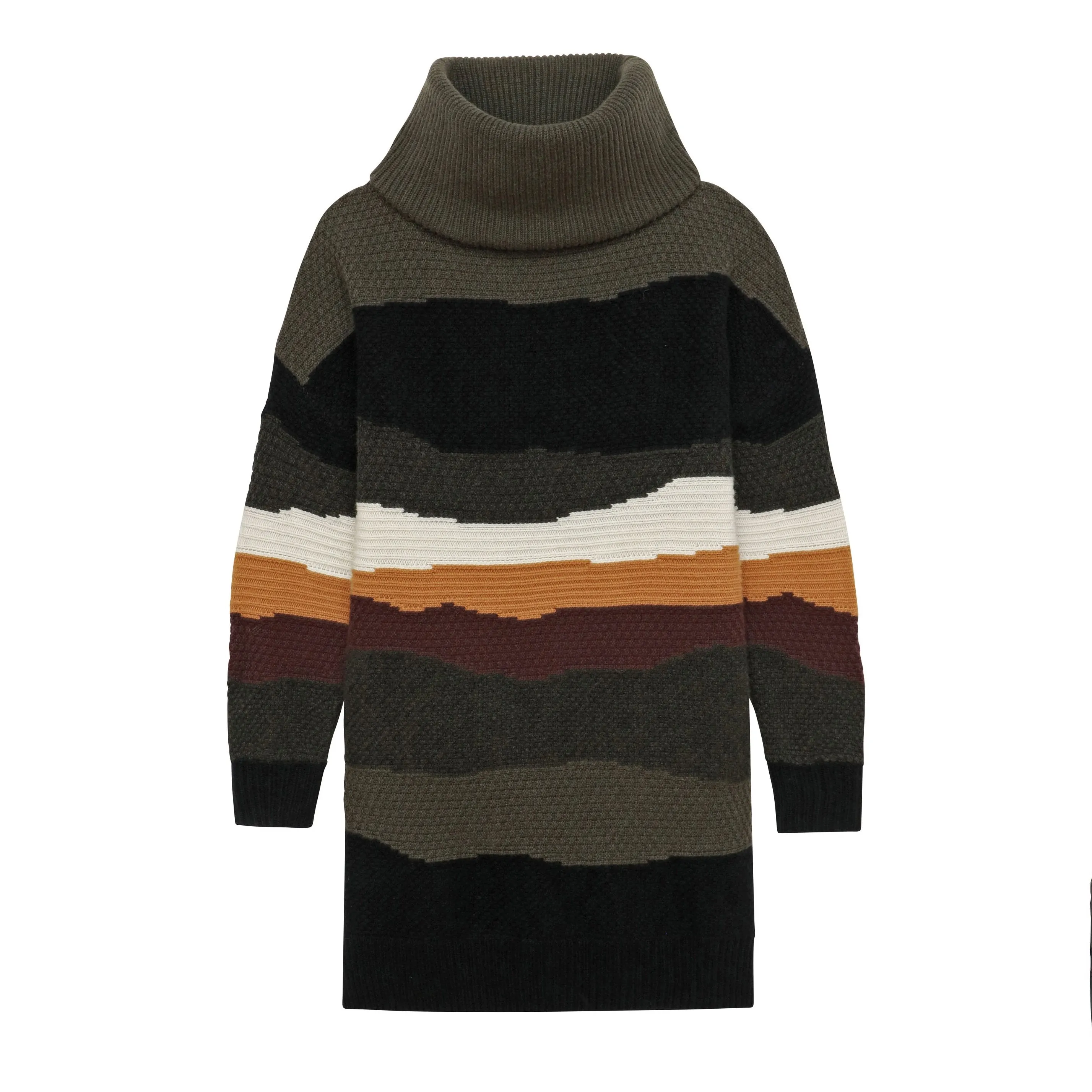 Wool Cashmere Color Block Turtleneck Sweater Dress