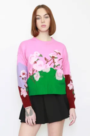 Wool Embroidery Pink Floral Sweater