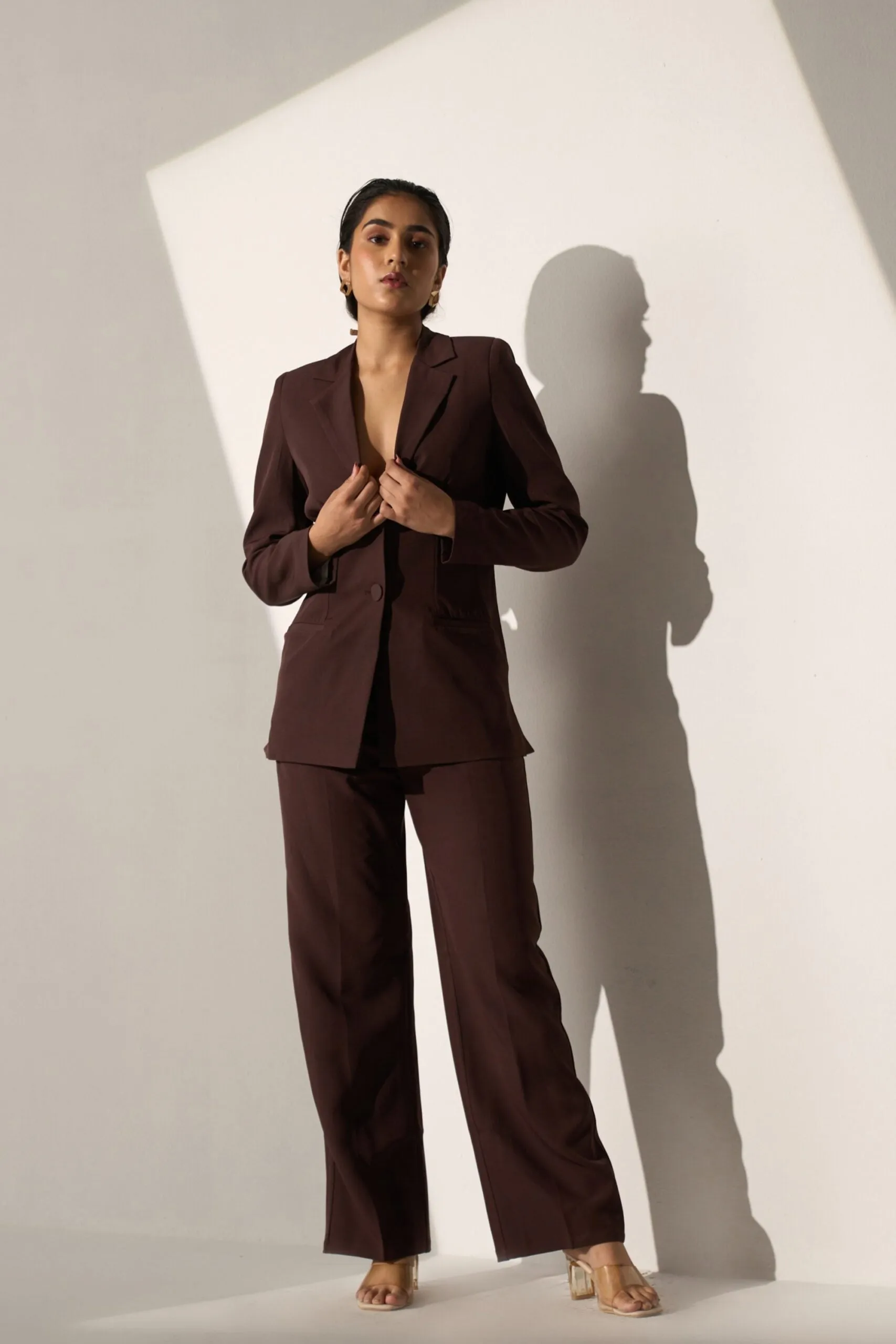 Workwear Brown Blazer with Straight pants for Women