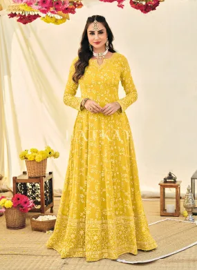 Yellow Embroidered Georgette Indian Anarkali