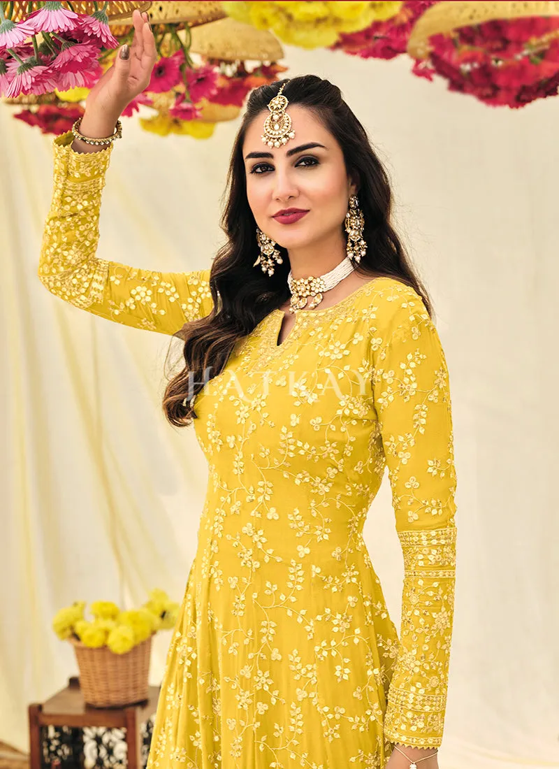 Yellow Embroidered Georgette Indian Anarkali