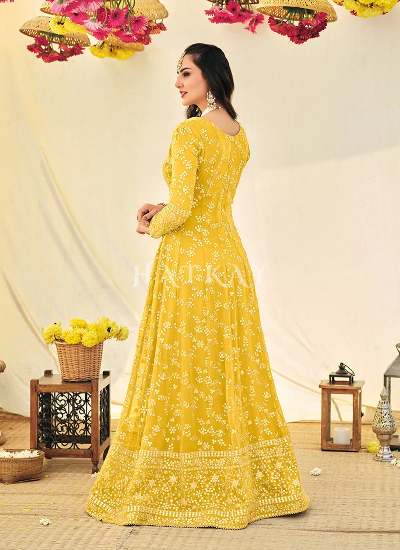 Yellow Embroidered Georgette Indian Anarkali