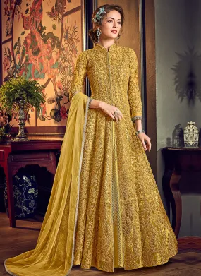 Yellow Golden Embroidered Jacket Style Anarkali Suit