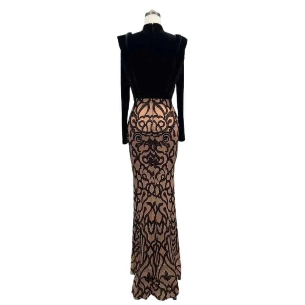 YOLANDA FRINGE HIGH NECK SEQUIN VELVET MERMAID MAXI DRESS